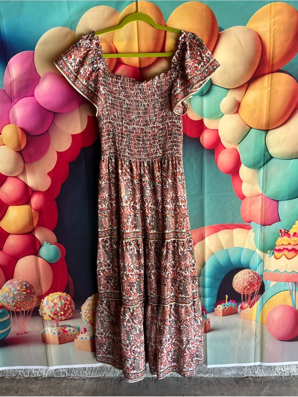 Max Studio Rust Floral Smocked Midi Dress with Flutter Sleeves